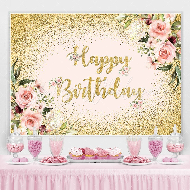 Lofaris Pink Floral Glitter Gold Happy Birthday Backdrop