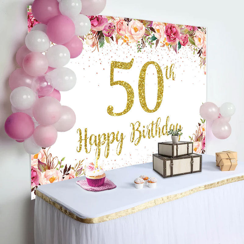 Lofaris Pink Floral Glitter Gold White 50th Birthday Backdrop