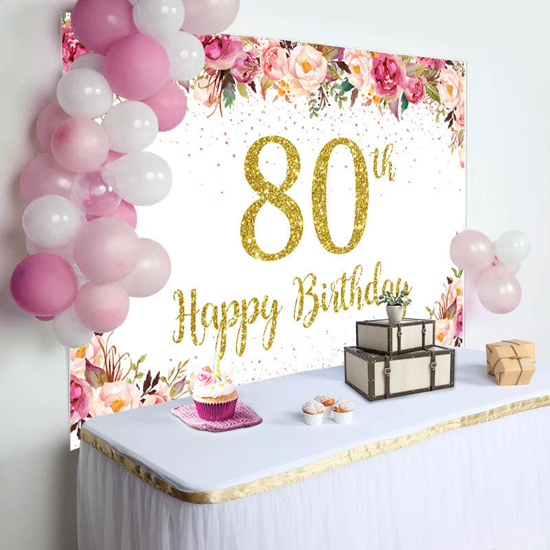 Lofaris Pink Floral Glitter Gold White 80th Birthday Backdrop