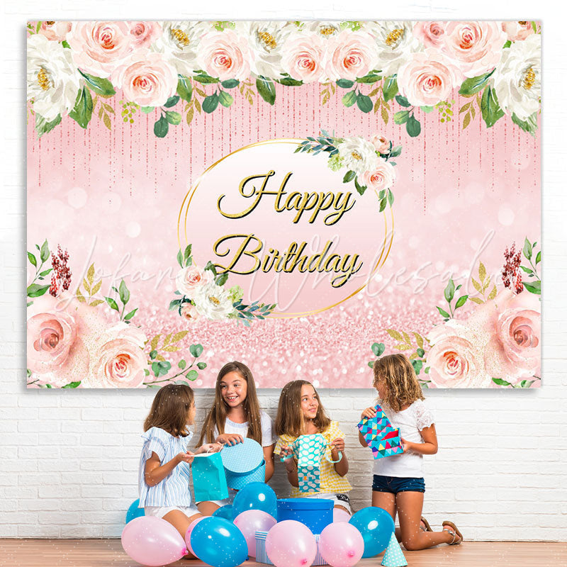 Lofaris Pink Floral Glitter Happy Birthday Backdrop For Girl