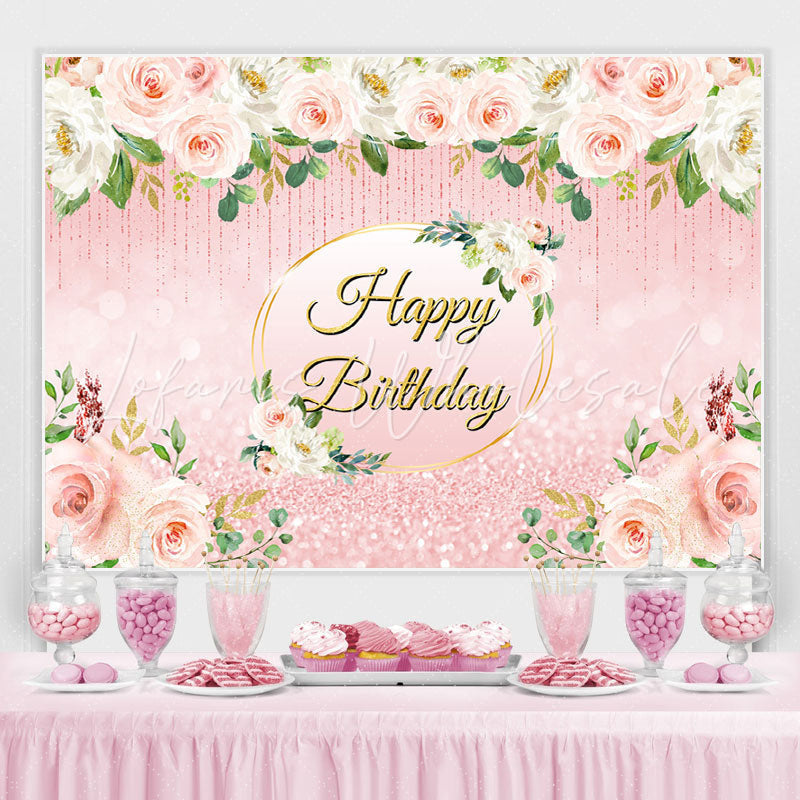 Lofaris Pink Floral Glitter Happy Birthday Backdrop For Girl