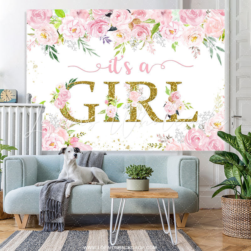 Lofaris Pink Floral Glitter Its A Girl Baby Shower Backdrop