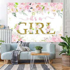 Lofaris Pink Floral Glitter Its A Girl Baby Shower Backdrop