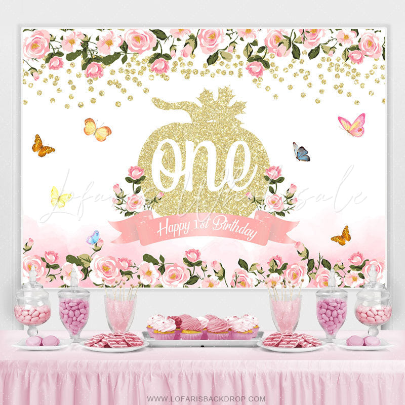 Lofaris Pink Floral Glitter Pumpkin Happy 1st Birthday Backdrop