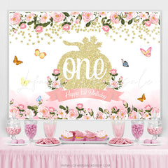 Lofaris Pink Floral Glitter Pumpkin Happy 1st Birthday Backdrop