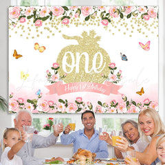 Lofaris Pink Floral Glitter Pumpkin Happy 1st Birthday Backdrop