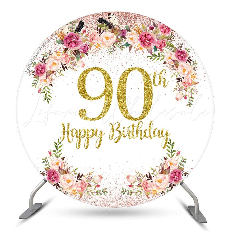 Lofaris Pink Floral Glitter Round 90th Birthday Backdrop