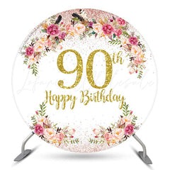 Lofaris Pink Floral Glitter Round 90th Birthday Backdrop
