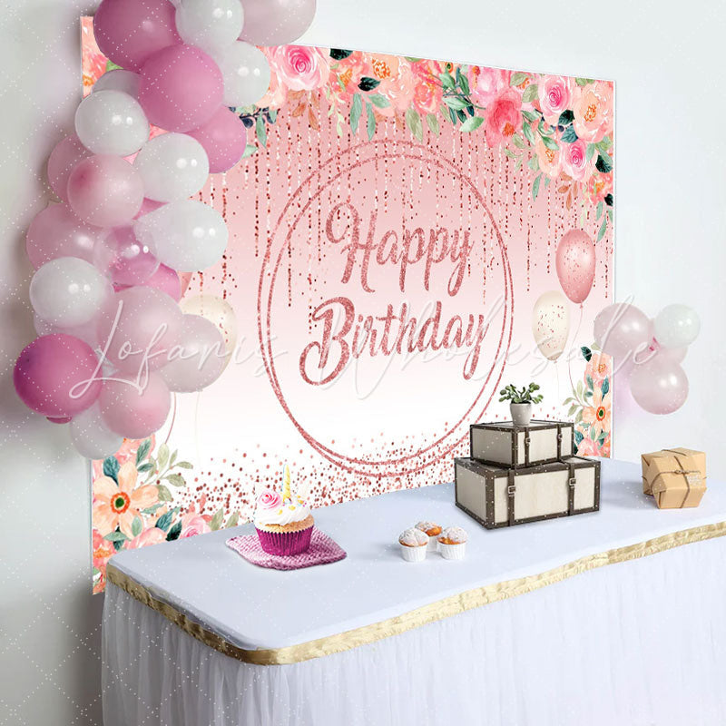 Lofaris Pink Floral Glitter Tassels Leaves Birthday Backdrop