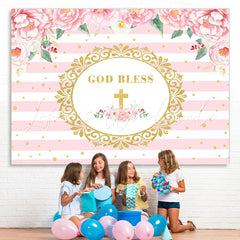 Lofaris Pink Floral God Bless Gold Stripe Backdrop for Photo
