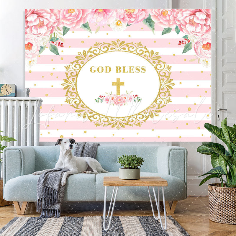 Lofaris Pink Floral God Bless Gold Stripe Backdrop for Photo