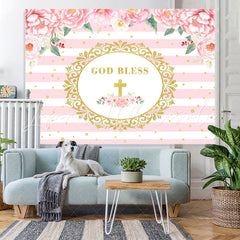 Lofaris Pink Floral God Bless Gold Stripe Backdrop for Photo