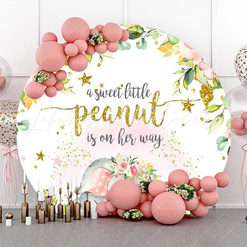 Lofaris Pink Floral Gold Elephant Round Baby Shower Backdrop
