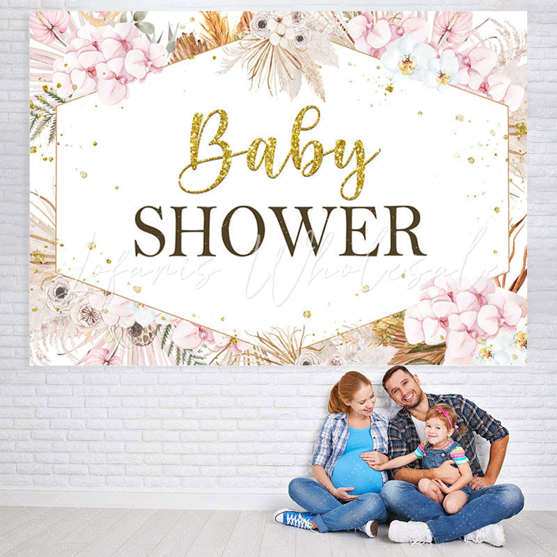 Lofaris Pink Floral Gold Glitter Baby Shower Backdrop for Girl