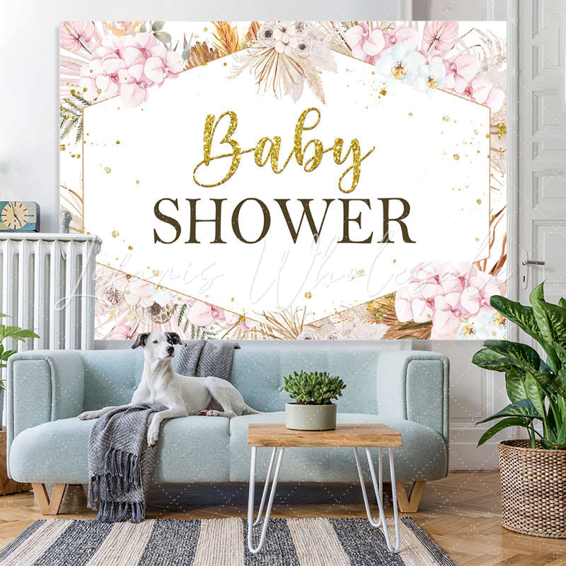 Lofaris Pink Floral Gold Glitter Baby Shower Backdrop for Girl