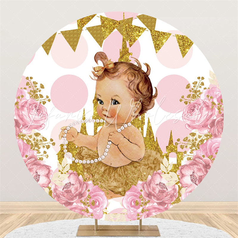 Lofaris Pink Floral Gold Glitter Castle Baby Shower Backdrop
