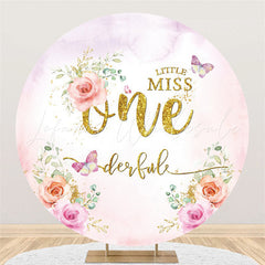 Lofaris Pink Floral Gold Glitter Onederful Round Birthday Backdrop