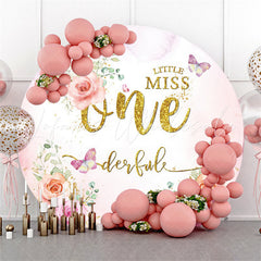 Lofaris Pink Floral Gold Glitter Onederful Round Birthday Backdrop