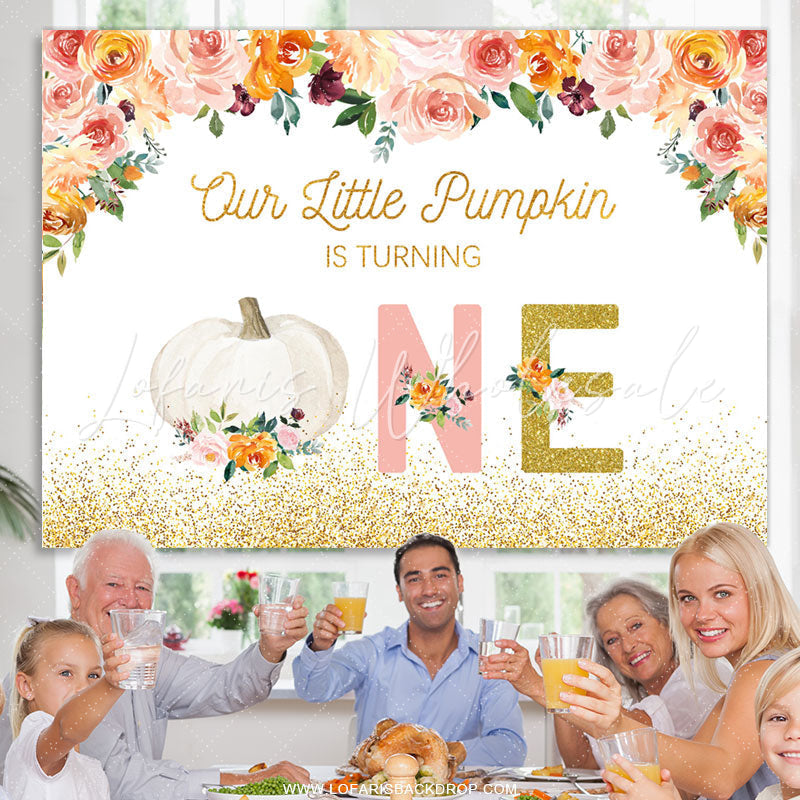 Lofaris Pink Floral Gold Glitter Pumpkin 1st Birthday Backdrop