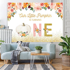 Lofaris Pink Floral Gold Glitter Pumpkin 1st Birthday Backdrop