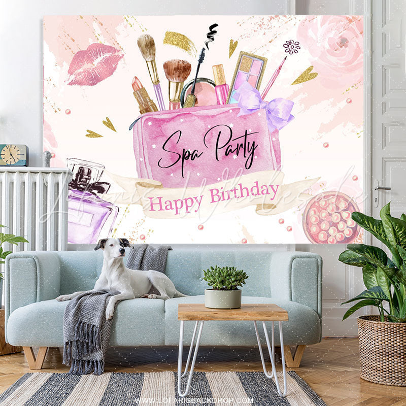 Lofaris Pink Floral Gold Glitter Spa Party Happy Birthday Backdrop