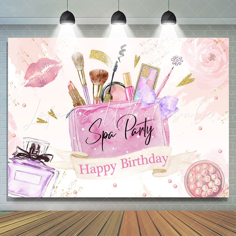 Lofaris Pink Floral Gold Glitter Spa Party Happy Birthday Backdrop