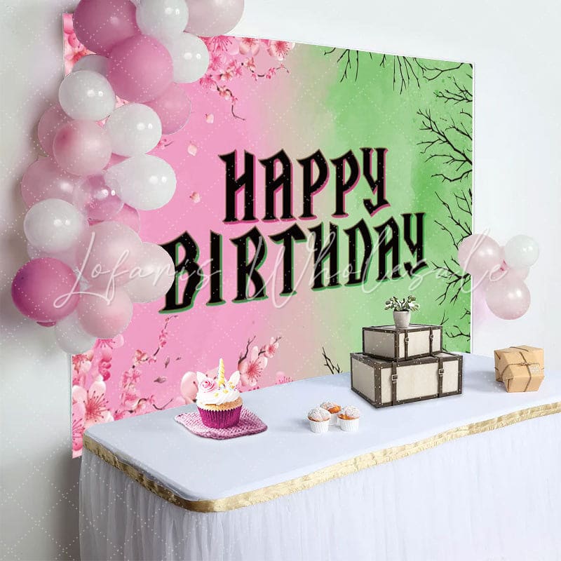 Pink Floral Green Branches Happy Birthday Backdrop