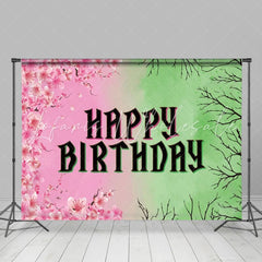 Pink Floral Green Branches Happy Birthday Backdrop