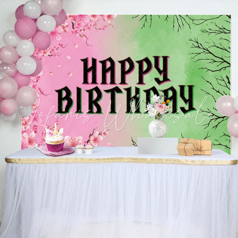 Pink Floral Green Branches Happy Birthday Backdrop