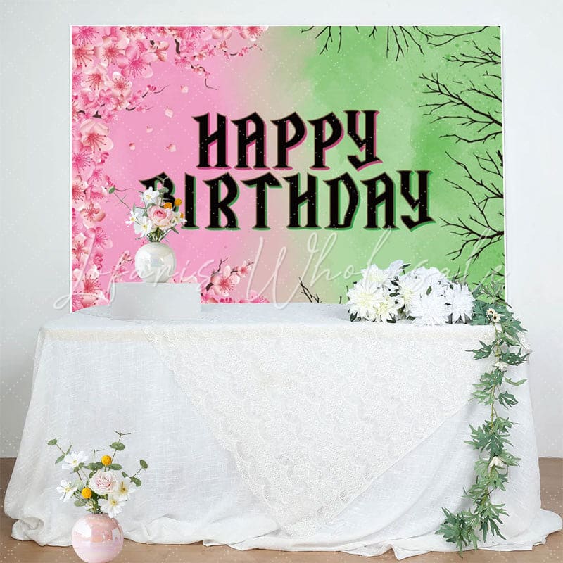 Pink Floral Green Branches Happy Birthday Backdrop