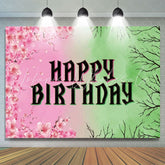 Pink Floral Green Branches Happy Birthday Backdrop