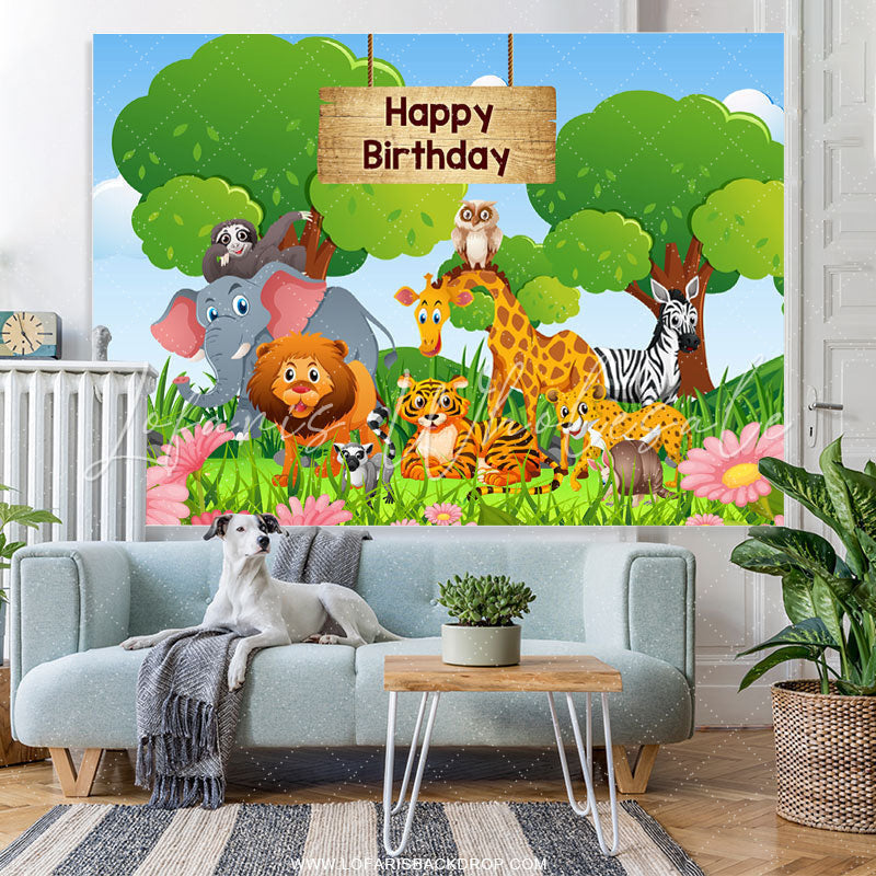 Lofaris Pink Floral Green Forest Cartoon Animals Birthday Backdrop