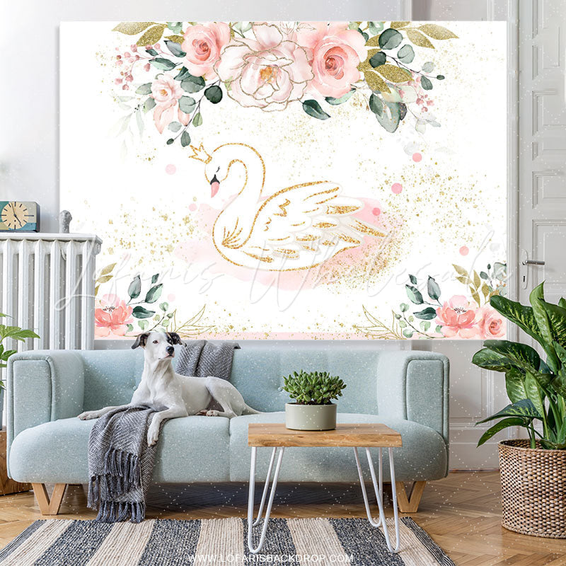 Lofaris Pink Floral Green Leaf Gold Glitter Swan Birthday Backdrop