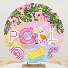 Lofaris Pink Floral Green Leaf Round Pool Birthday Party Backdrop