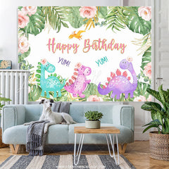 Lofaris Pink Floral Green Leaves Cute Dinosaur Birthday Backdrop