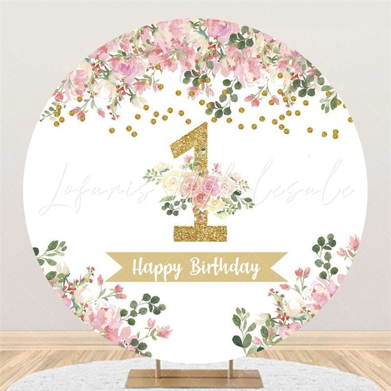 Lofaris Pink Floral Green Leaves Gold Happy 1st Birthday Backdrop