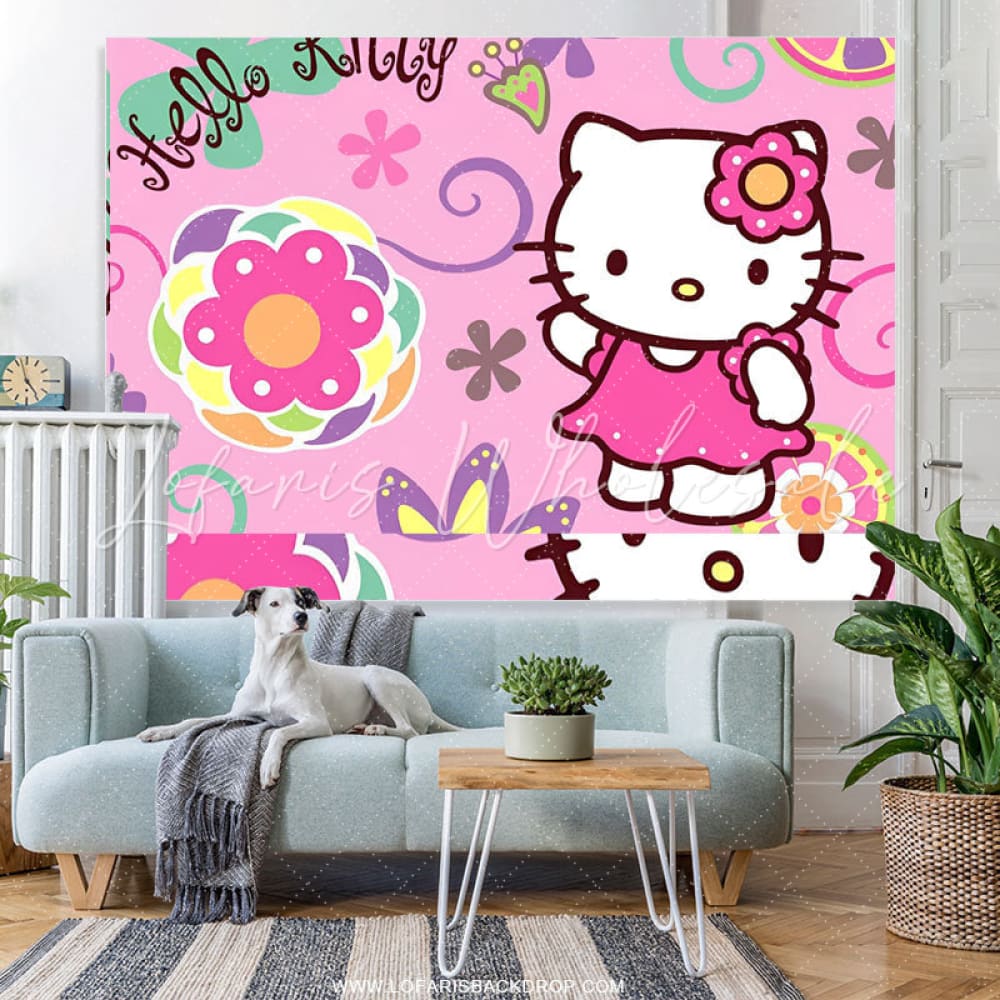 Lofaris Pink Floral Hello Kitty Theme Birthday Backdrop