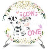 Lofaris Pink Floral Holy Cow Round Happy 1st Birthday Backdrop