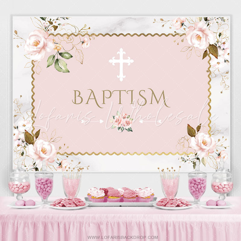 Lofaris Pink Floral Khaki Baptism Backdrop For Baby Shower