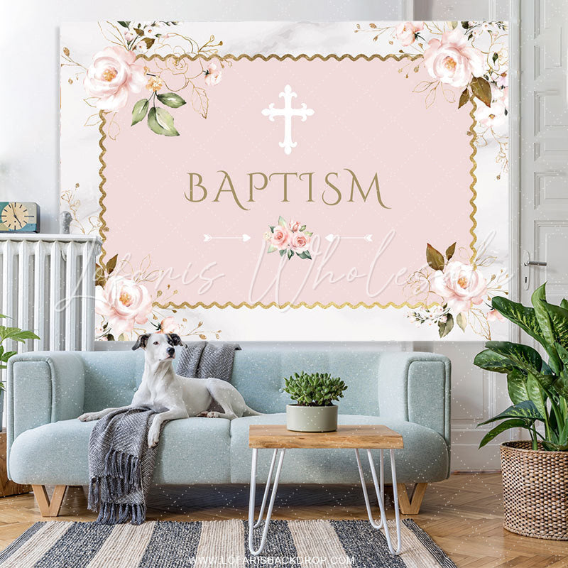 Lofaris Pink Floral Khaki Baptism Backdrop For Baby Shower