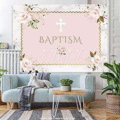 Lofaris Pink Floral Khaki Baptism Backdrop For Baby Shower
