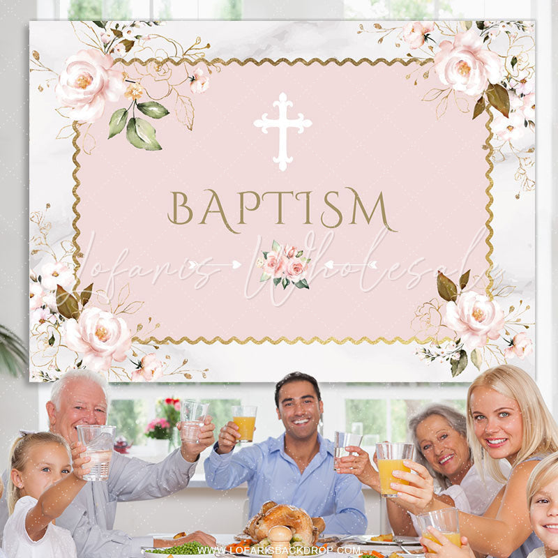 Lofaris Pink Floral Khaki Baptism Backdrop For Baby Shower