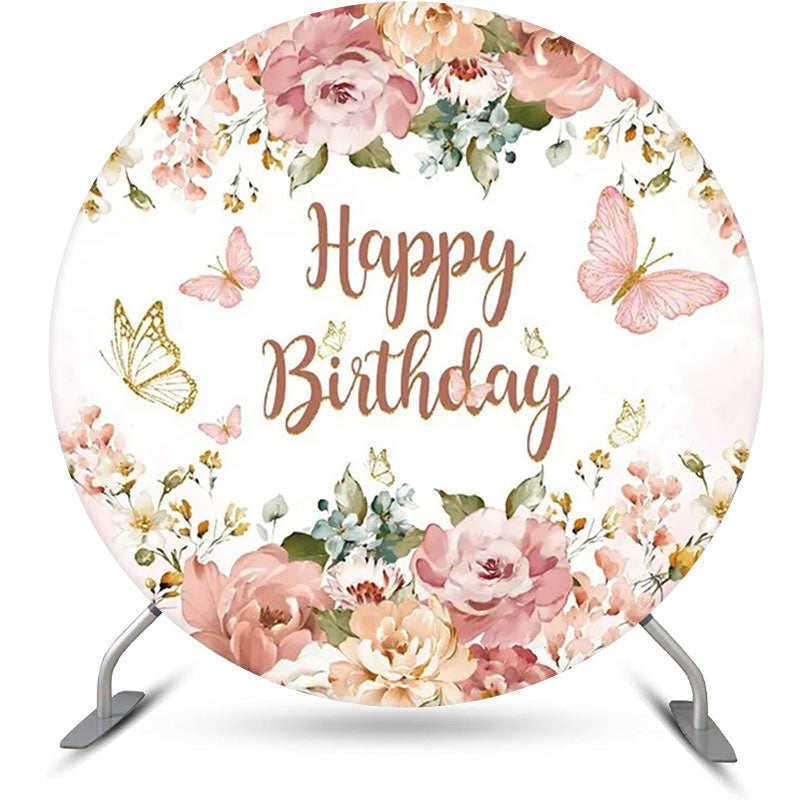 Lofaris Pink Floral Leaf Butterfly Round Birthday Backdrop