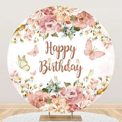 Lofaris Pink Floral Leaf Butterfly Round Birthday Backdrop