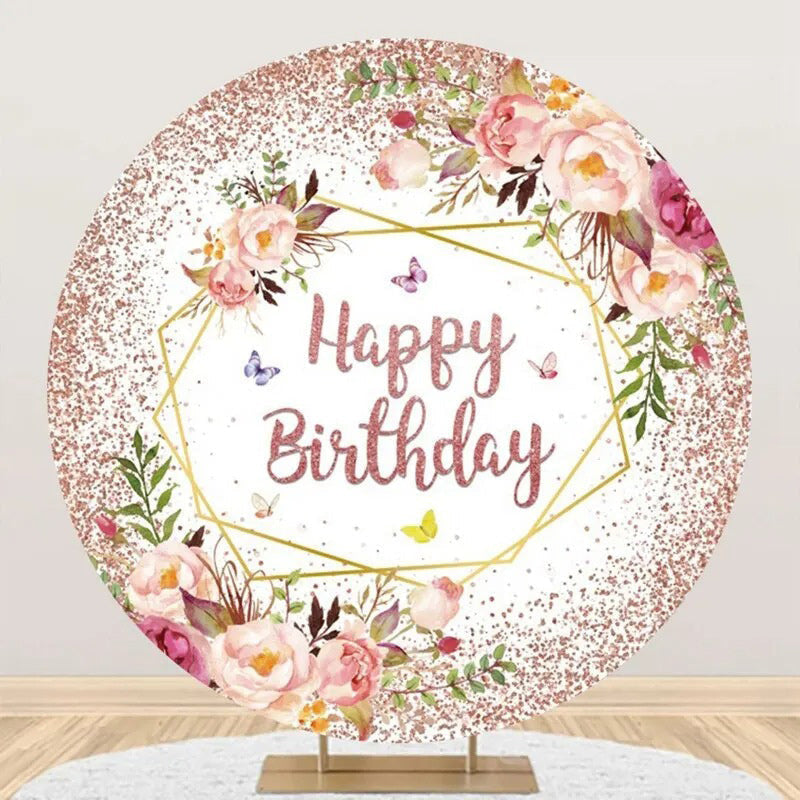 Lofaris Pink Floral Leaves Spring Round Birthday Backdrop