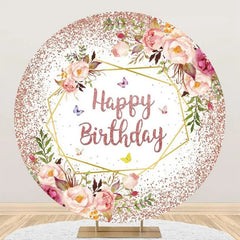 Lofaris Pink Floral Leaves Spring Round Birthday Backdrop