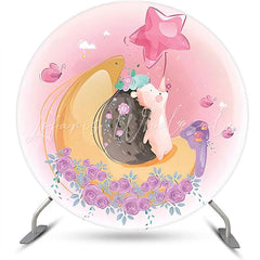 Lofaris Pink Floral Moon Hedgehog Round Birthday Backdrop