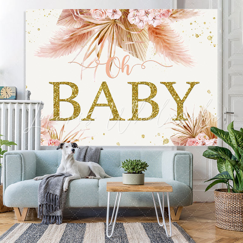 Lofaris Pink Floral Oh Baby Gold Glitter Shower Party Backdrop