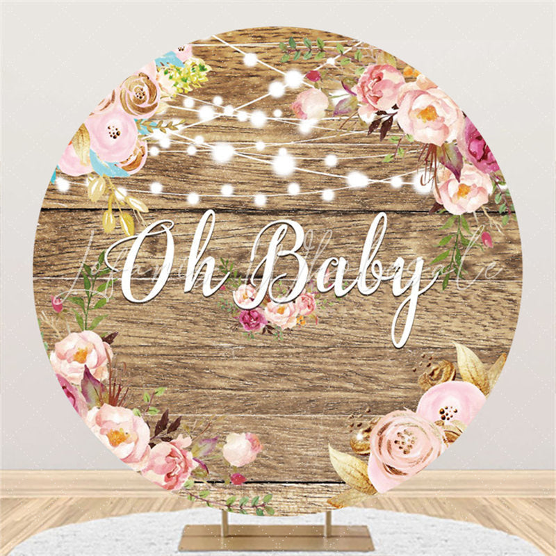 Lofaris Pink Floral Oh Baby Round Wooden Shower Backdrop