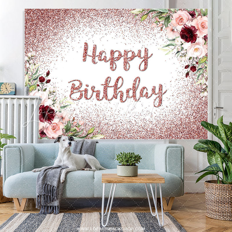 Lofaris Pink Floral Red Glitter Backdrop For Happy Birthday